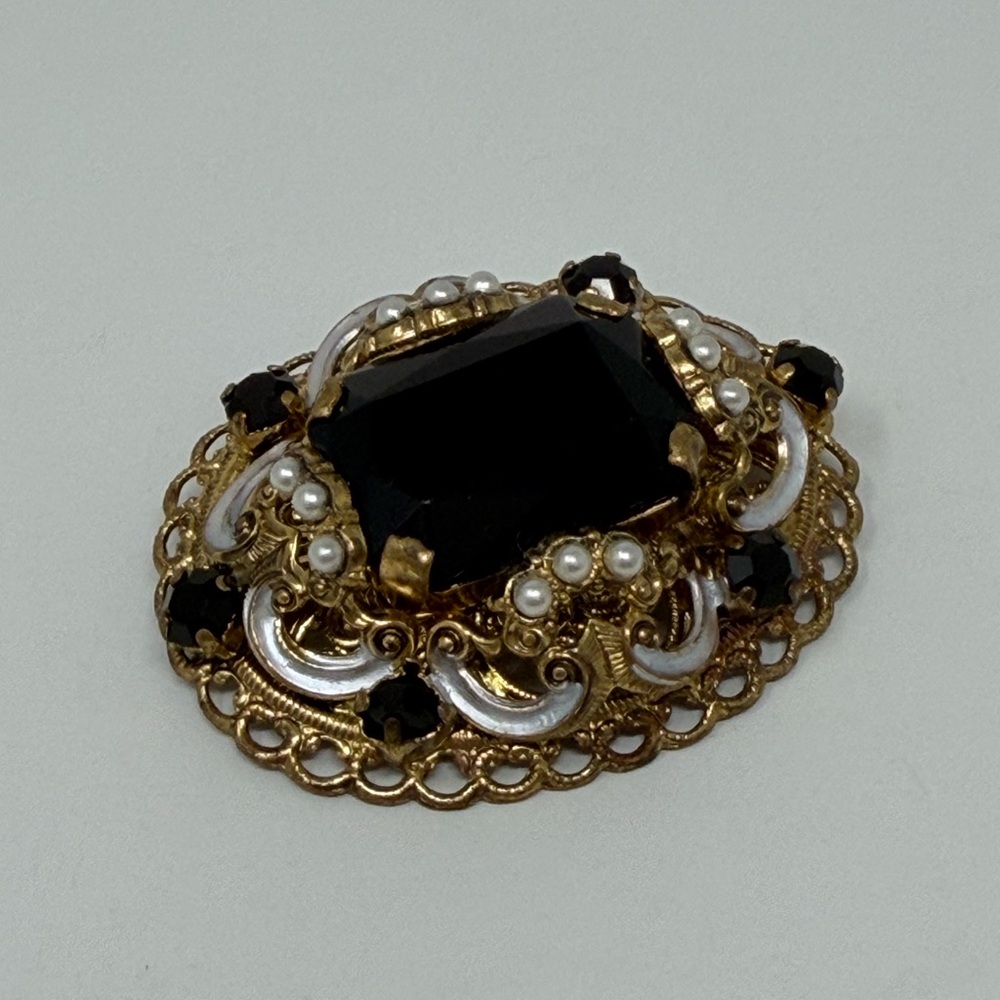 Vintage West Germany Filigree Brooch Black Glass Faux Pearl Victorian Revival